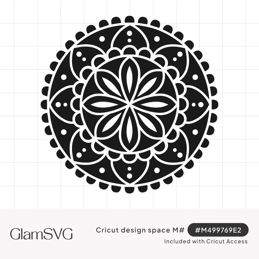 Black circular mandala with an eight-petal flower center, scalloped petal rings, dot accents and a beaded border