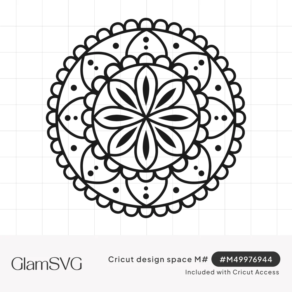Black outlined circular mandala with an eight-petal flower center, dotted petals and a scalloped outer edge