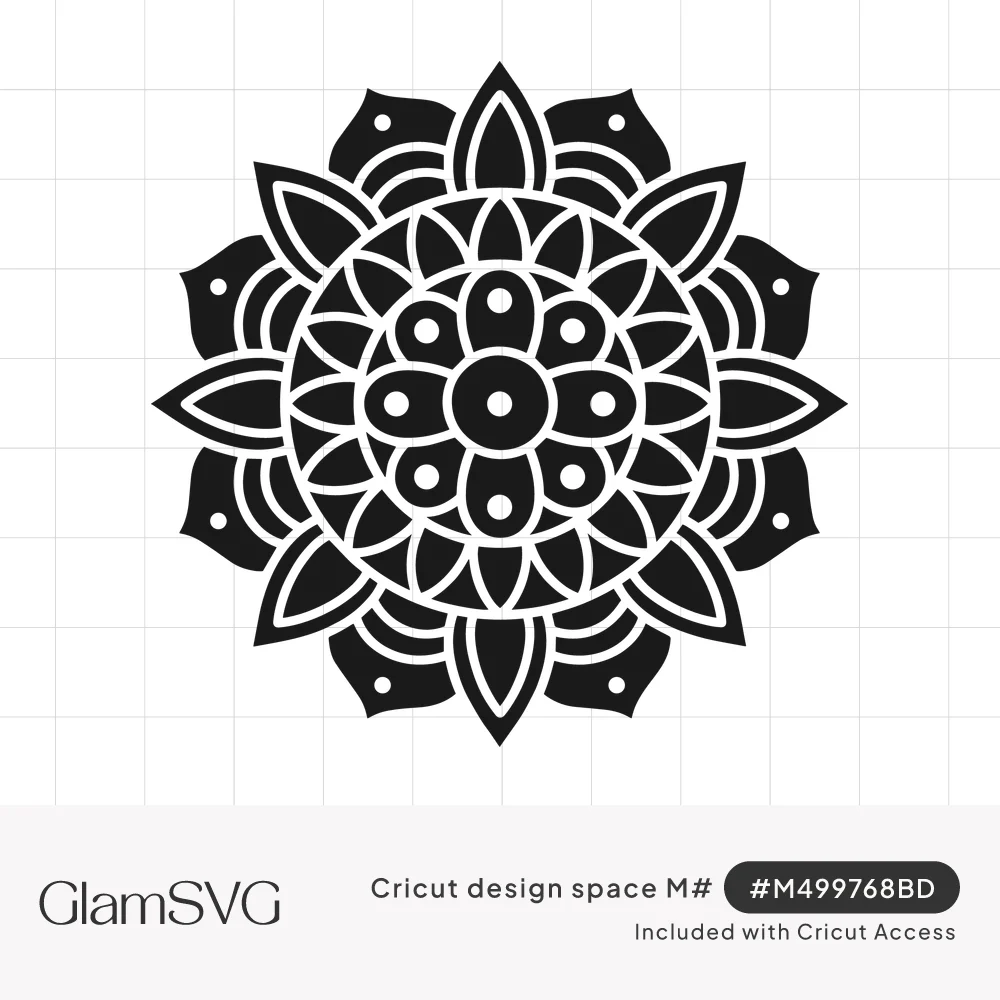 Black floral mandala with rings of pointed and rounded petals radiating from a center circle, accented with small dots