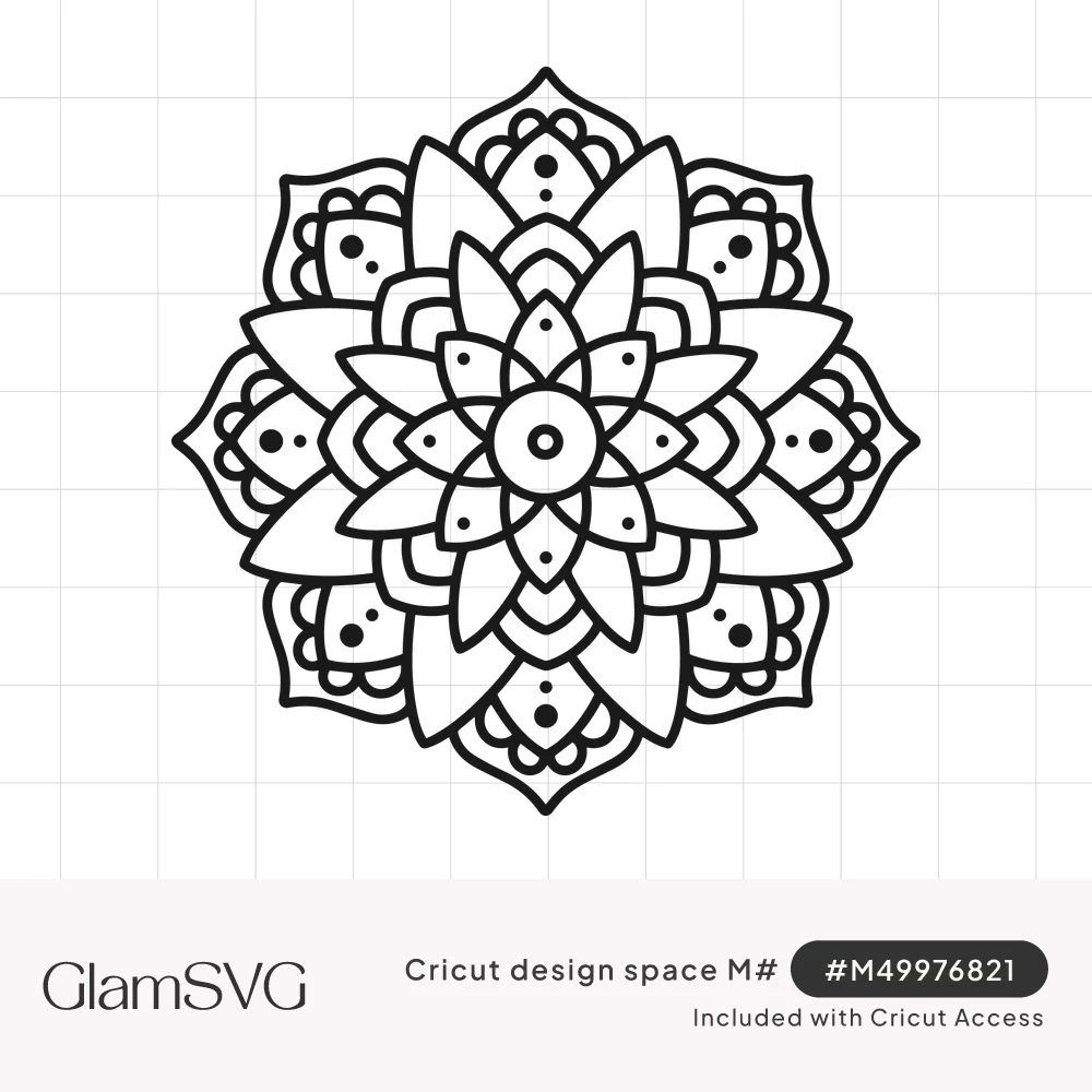 Black outline floral mandala with layered pointed petals, a dotted center and eight scalloped outer petals with dots