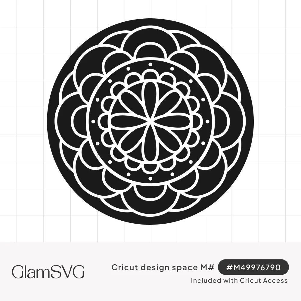 Black circular mandala with white outlined scalloped rings, a dotted circle and an eight-petal flower in the center