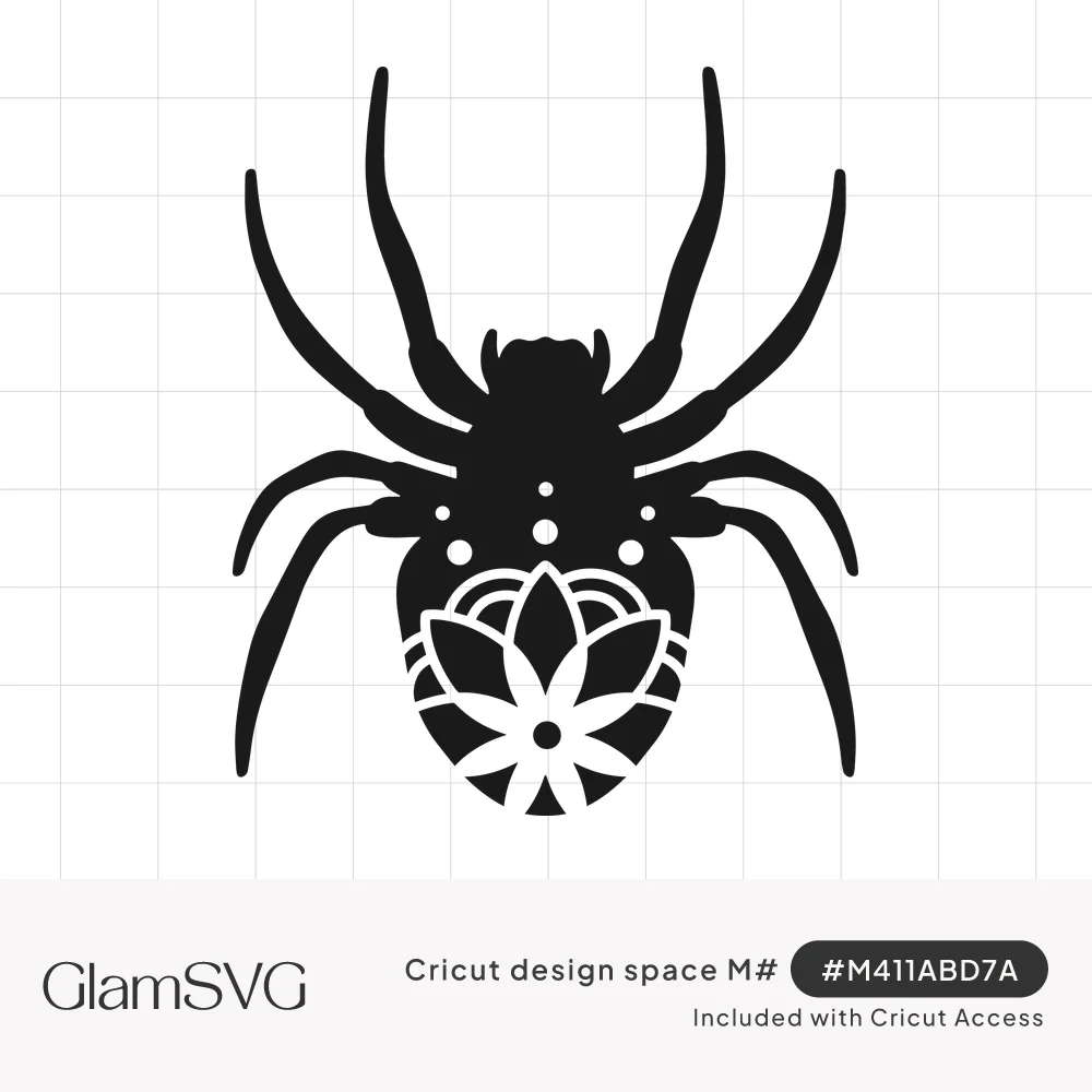 Black spider silhouette with long legs and a white lotus mandala pattern and dots decorating its body