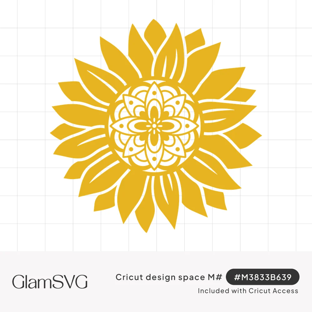Golden yellow sunflower with pointed petals and an intricate mandala flower pattern in the center