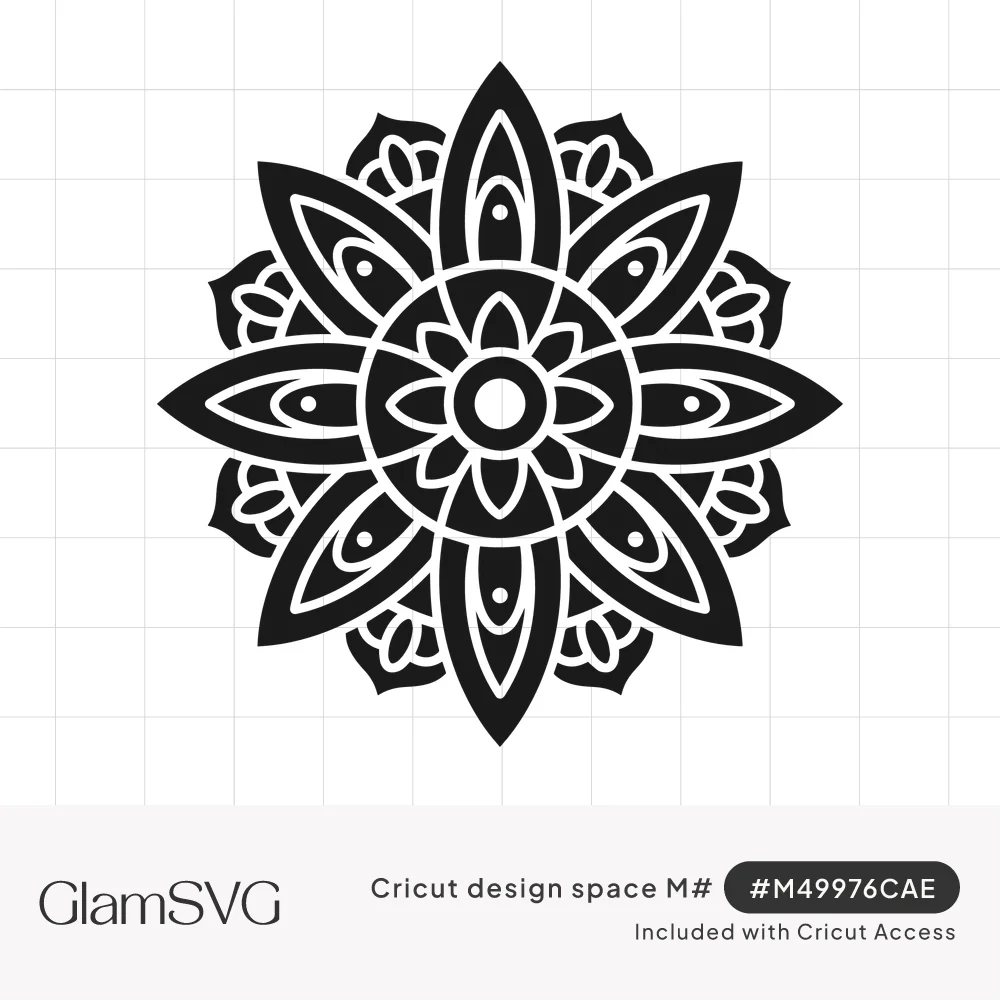 Black floral mandala with eight pointed petals, teardrop cutouts and a small flower at the center, layered scalloped petals b
