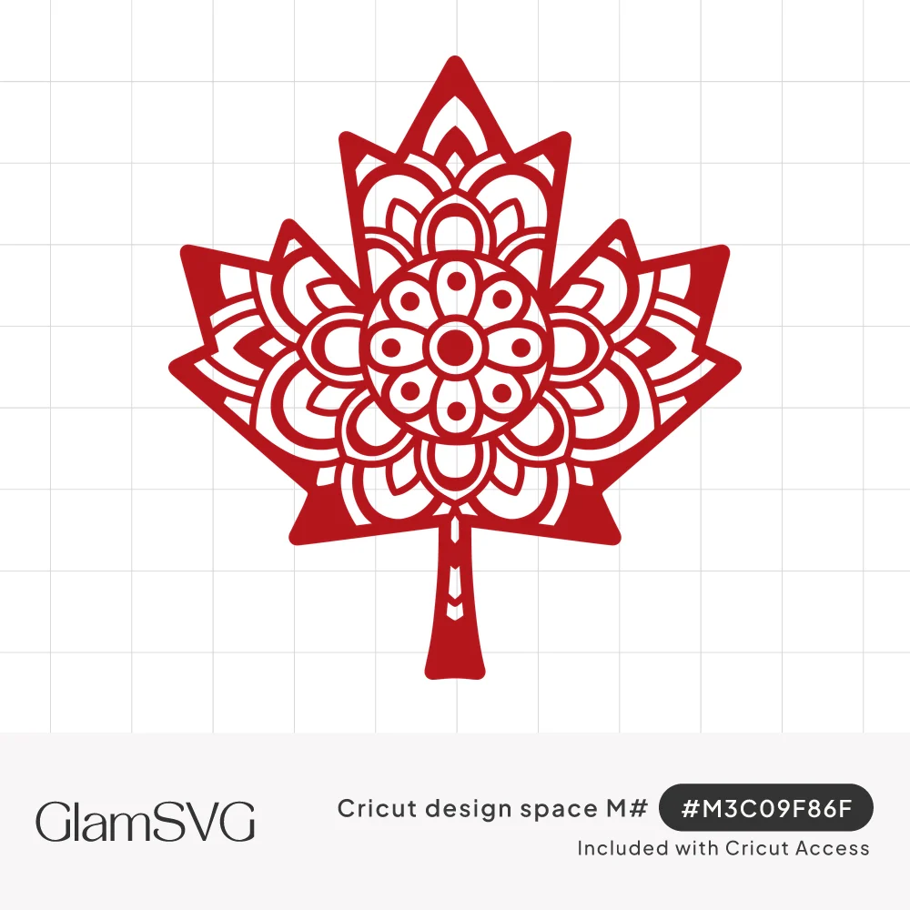 Red maple leaf with an intricate white mandala flower pattern cut through the center and leaf points
