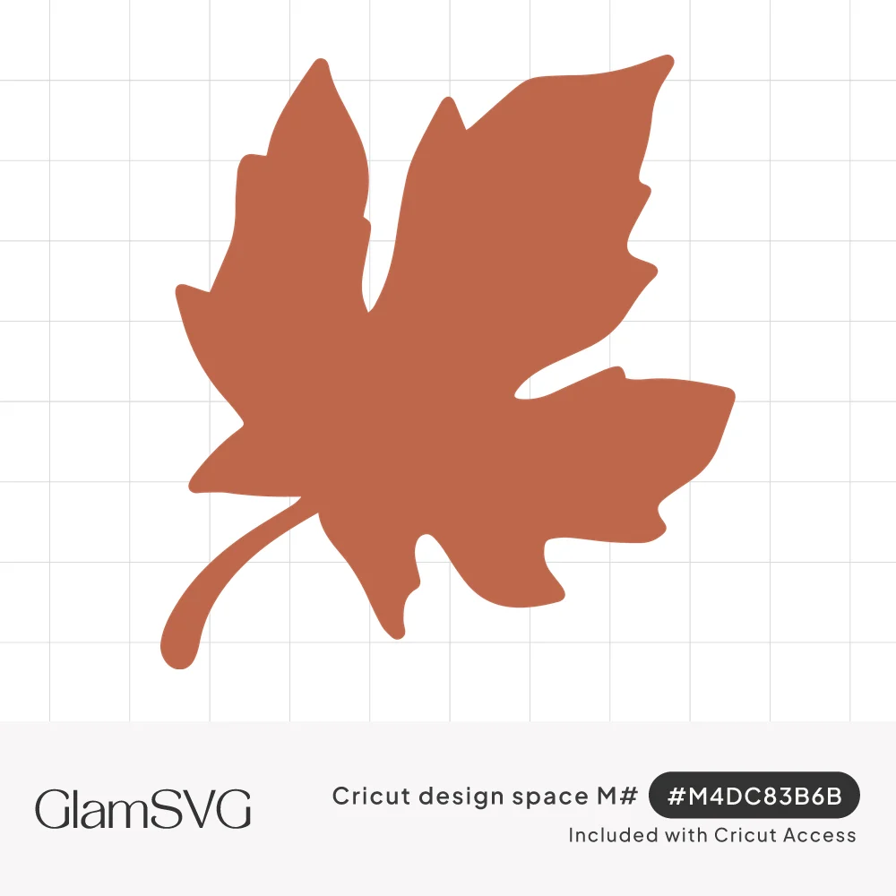 Rust-colored maple leaf silhouette with soft rounded points and a long curving stem, tilted to one side