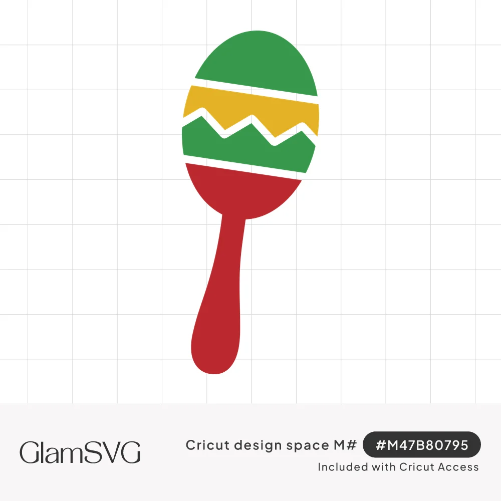 Single maraca illustration with green, yellow and red stripes, a zigzag band and a long red handle