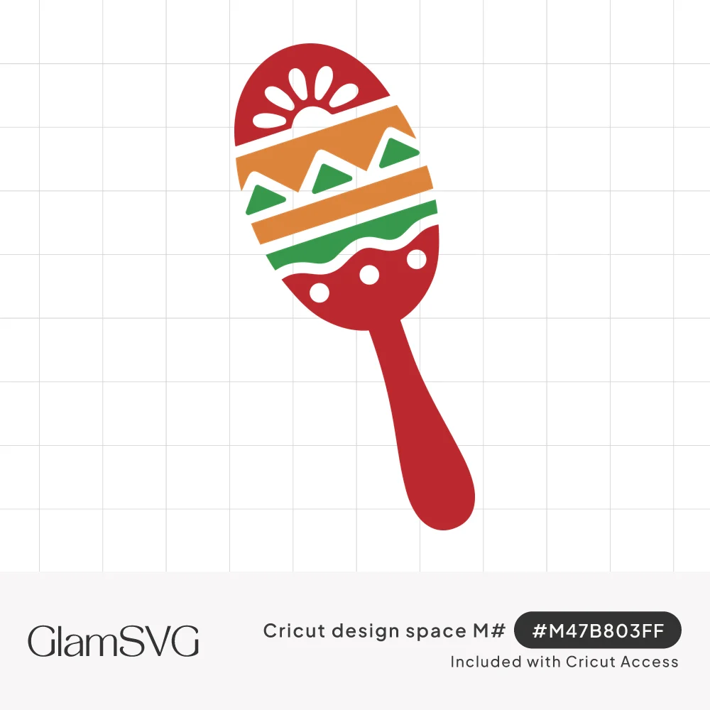 Red maraca illustration decorated with orange zigzag bands, a green wavy stripe, white dots and a white sunburst