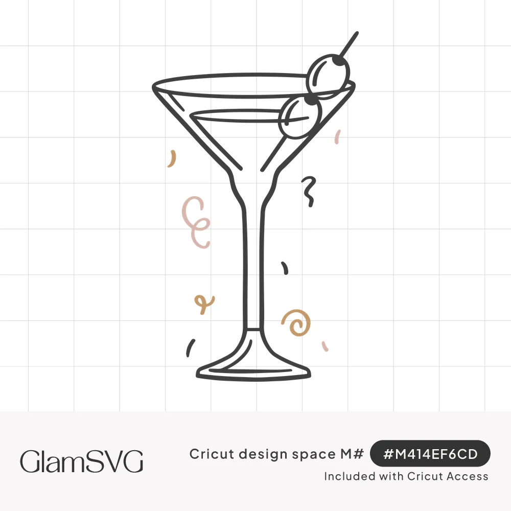 Line drawing of a martini glass with two olives on a pick, surrounded by pink and gold confetti swirls