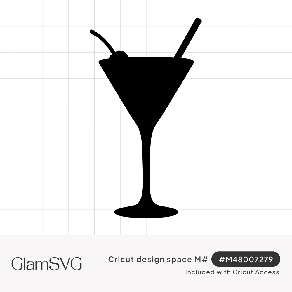 Solid black silhouette of a martini glass with a long stem, a cherry on the rim and a straw