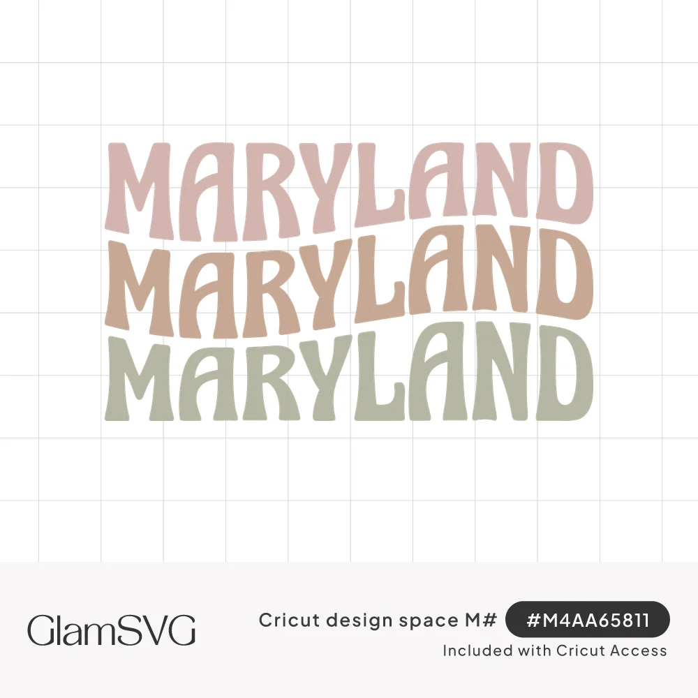 The word Maryland repeated three times in wavy retro lettering in dusty pink, peach and sage green