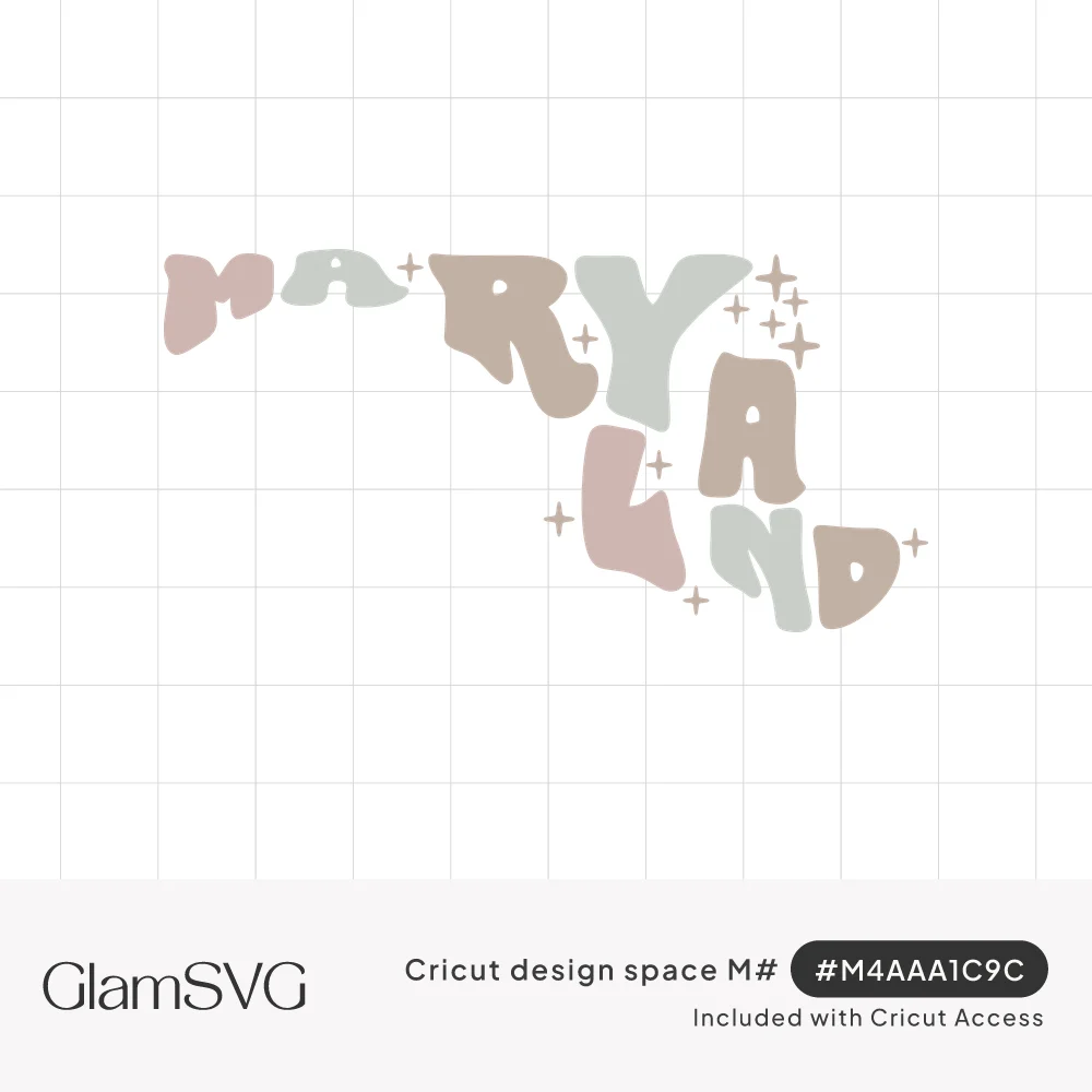 The word Maryland in puffy groovy letters in blush, sage and taupe, arranged in the state shape with small sparkles