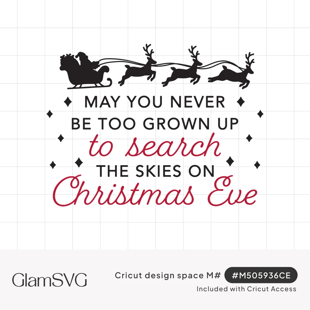 Santa's sleigh and reindeer silhouette above the quote May you never be too grown up to search the skies on Christmas Eve