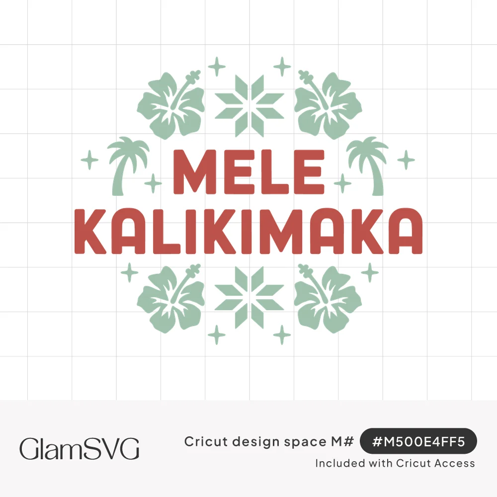 Red Mele Kalikimaka lettering surrounded by green hibiscus flowers, palm trees, star motifs and sparkles