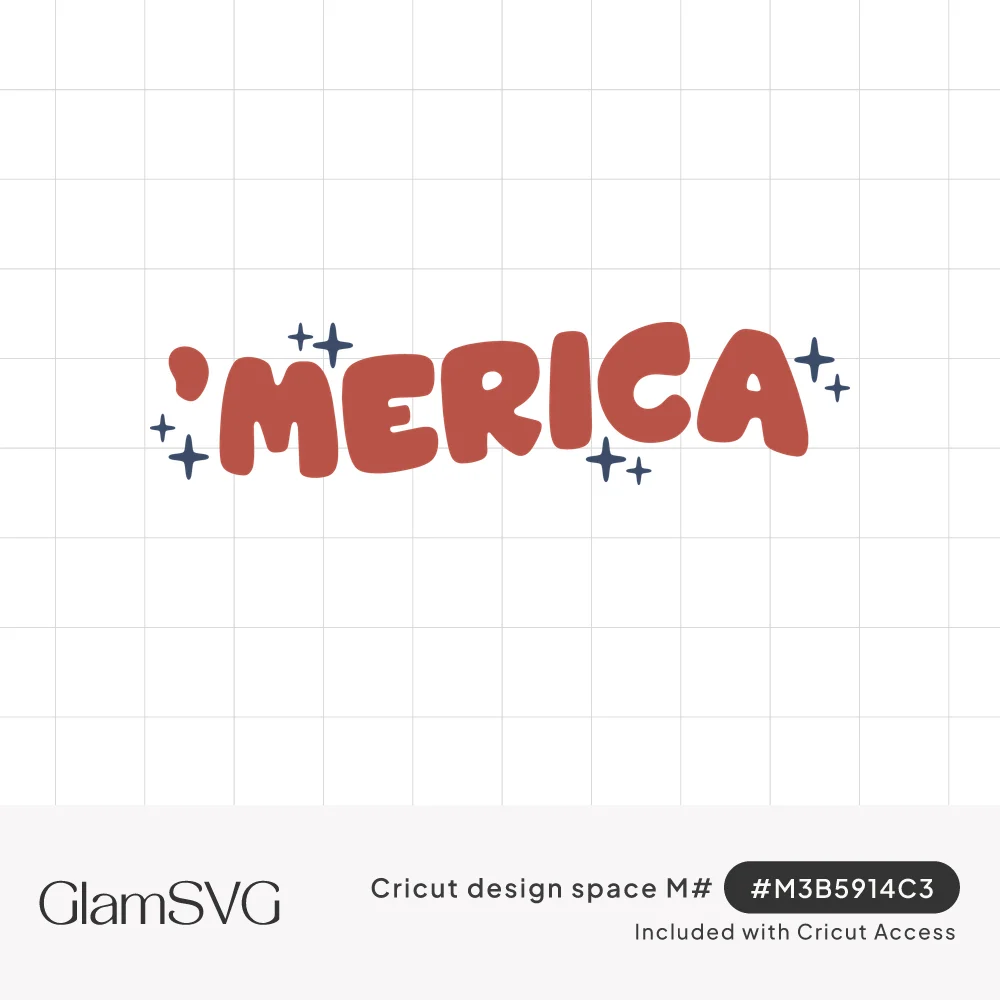 The word 'Merica in chunky brick red bubble letters surrounded by small navy blue sparkle stars
