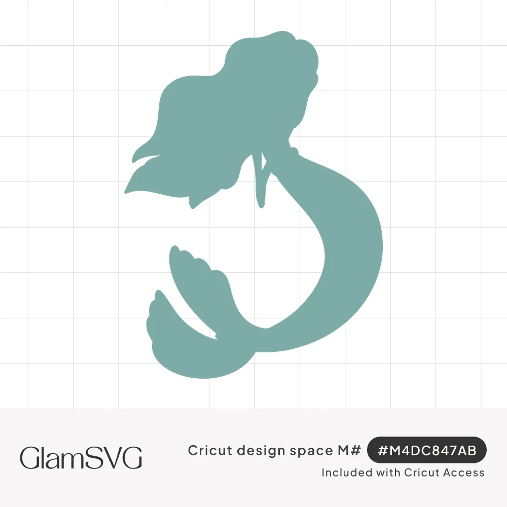 Teal silhouette of a mermaid with flowing hair and a curving tail that sweeps around into a fin
