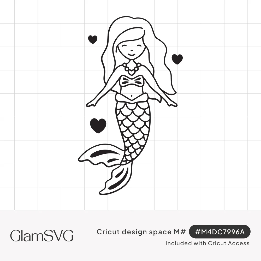 Black line drawing of a smiling mermaid with long wavy hair, shell necklace, scaled tail and three small hearts