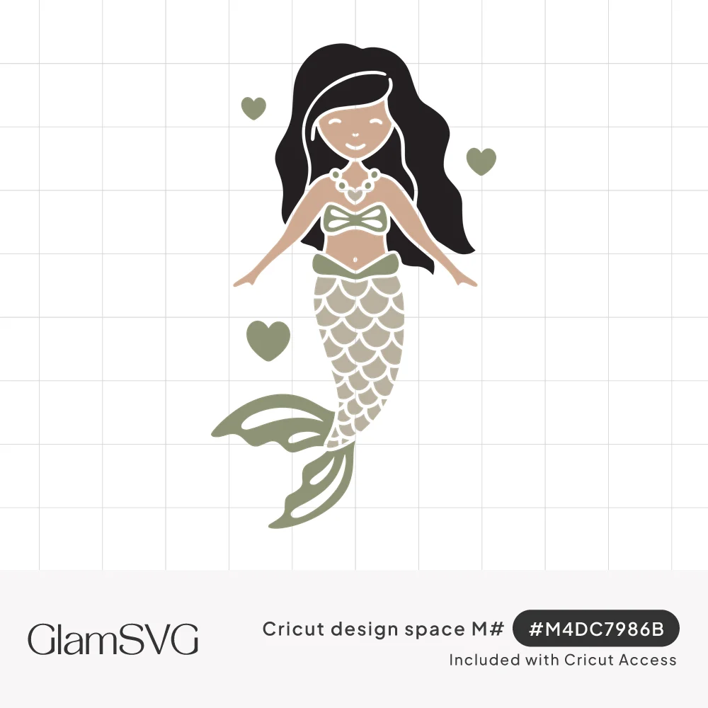 Cute mermaid with long black hair, pearl necklace, sage shell top and scaled tail surrounded by small green hearts