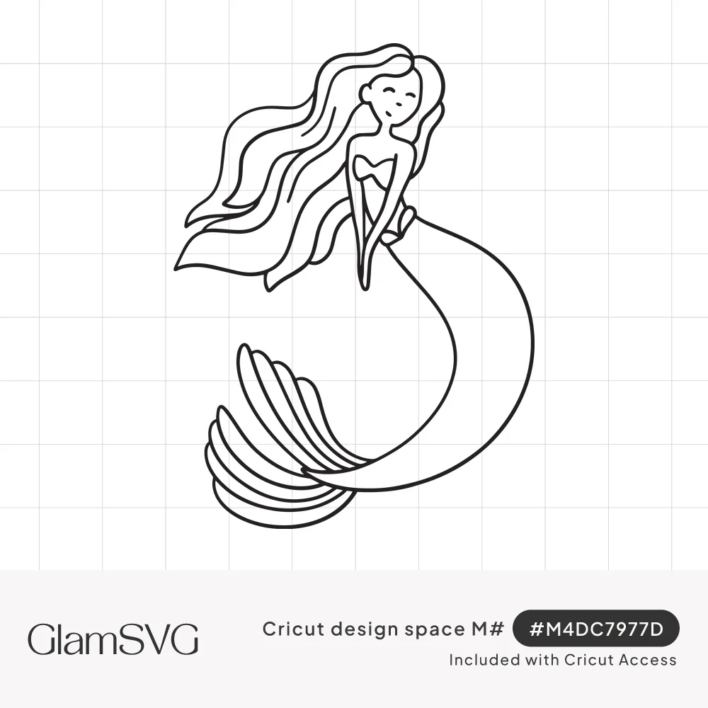 Line drawing of a smiling mermaid with long flowing hair, closed eyes, and a curled tail with a fanned fin