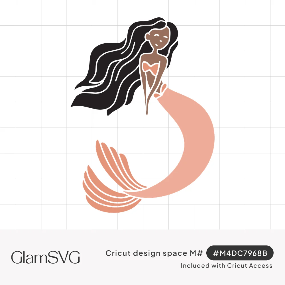 Smiling mermaid with long wavy black hair, brown skin, coral top and a curling peach tail with a fanned fin