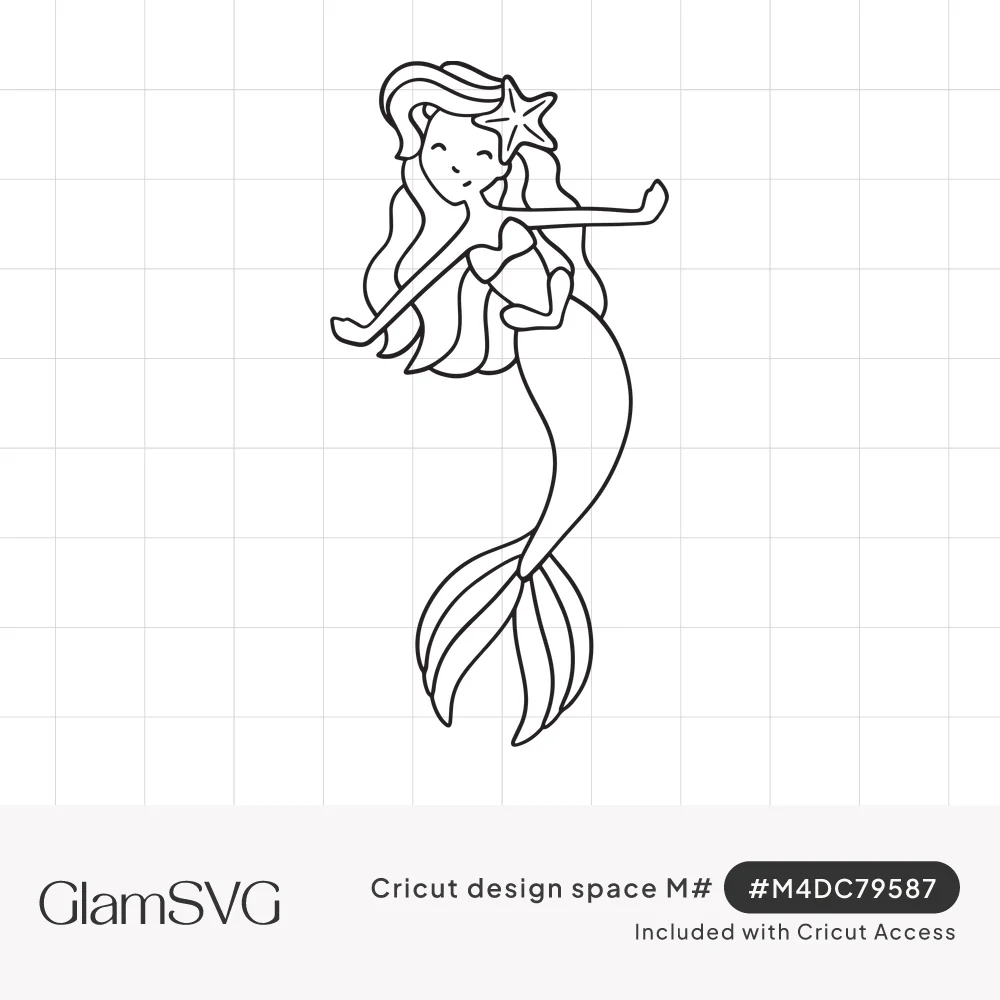 Outline drawing of a smiling mermaid with long wavy hair, a starfish in her hair, outstretched arms and a curved fish tail