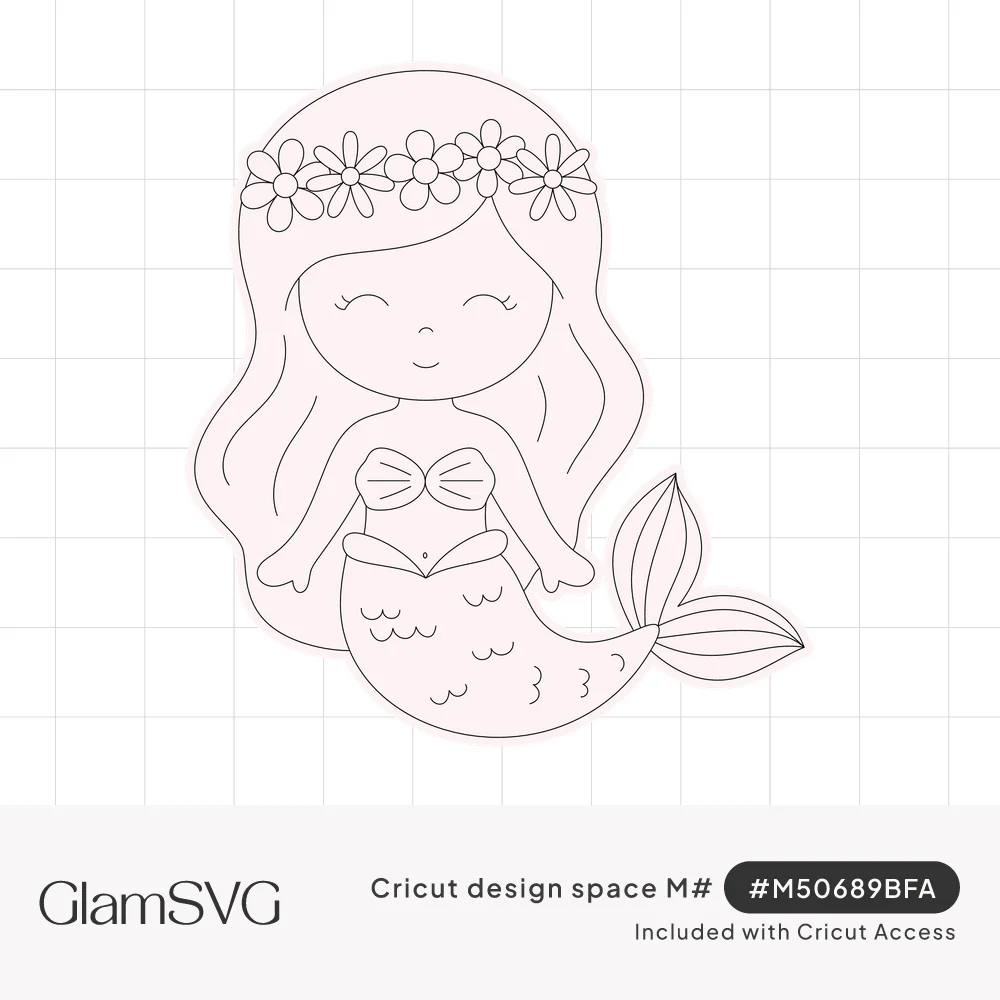 Outlined cute mermaid with closed eyes, daisy flower crown, long wavy hair, shell top and scalloped tail on a pale pink backi