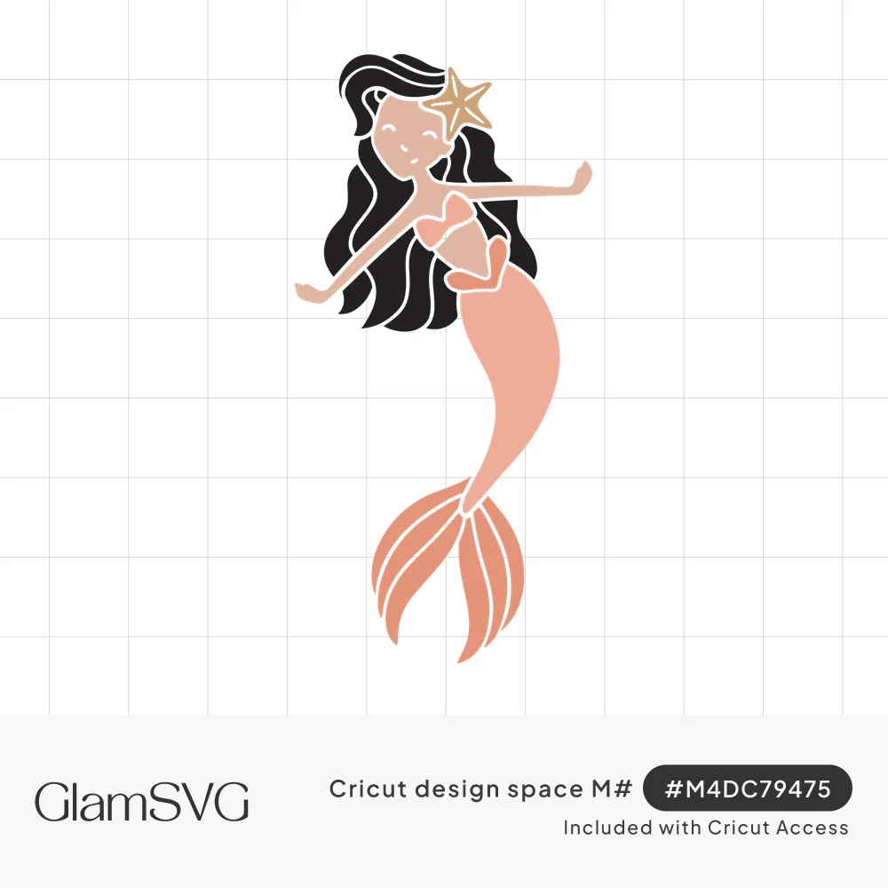 Smiling mermaid with long black hair, a starfish in her hair and a peach coral tail, arms outstretched
