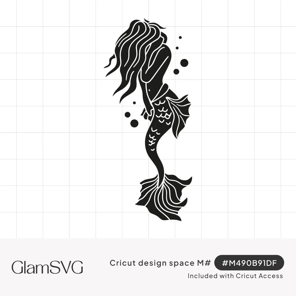 Black silhouette of a mermaid with long flowing hair, scaled tail and fanned fin, surrounded by small bubbles