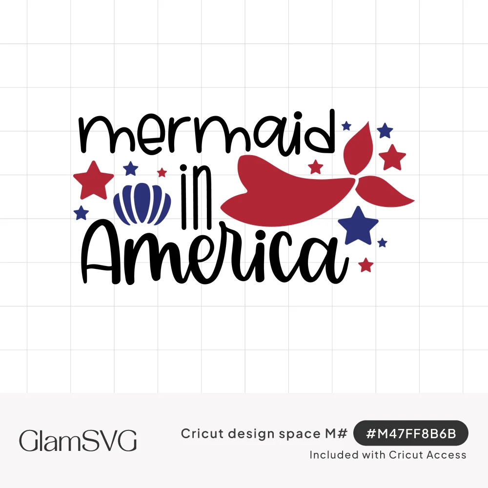 Black script reading mermaid in America with a red mermaid tail, navy seashell and red and navy stars