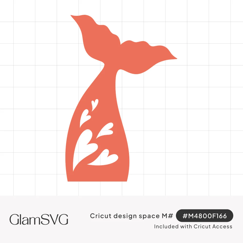 Coral mermaid tail silhouette with a wavy fluke and small heart-shaped cutouts along the lower tail