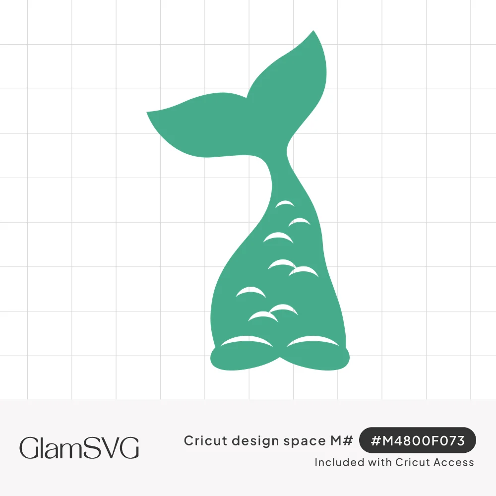 Seafoam green mermaid tail silhouette with small white scale cutouts and a flared fin at the top