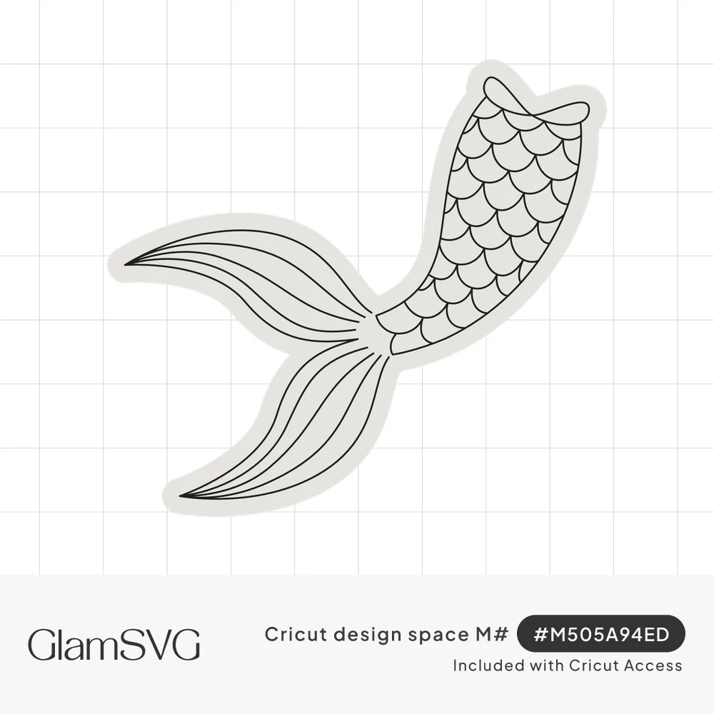 Line drawing of a mermaid tail with scalloped scales and a curved striped fin inside a white sticker outline