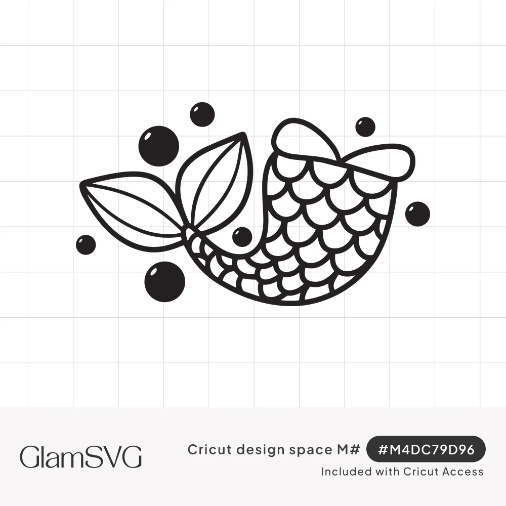 Black outline mermaid tail with scalloped scales and two large fins, surrounded by round floating bubbles