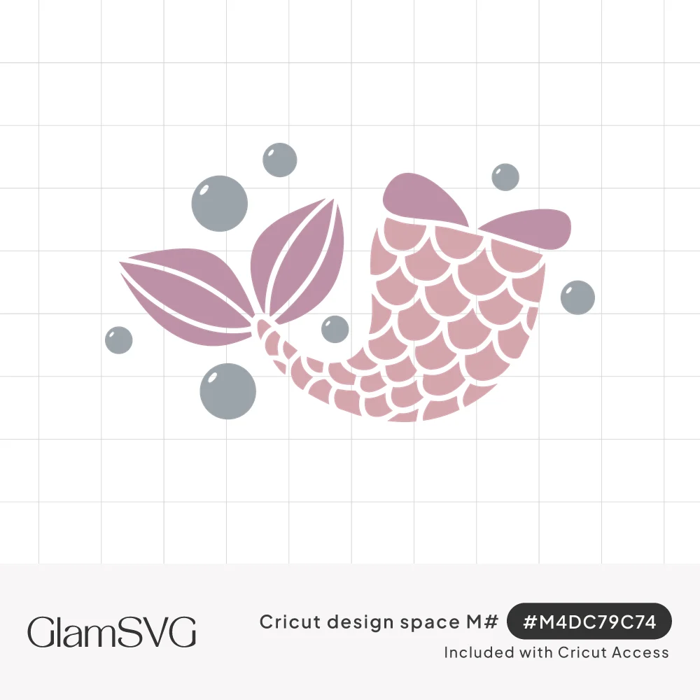 Curled pink mermaid tail with scalloped scales and mauve fins surrounded by floating gray bubbles