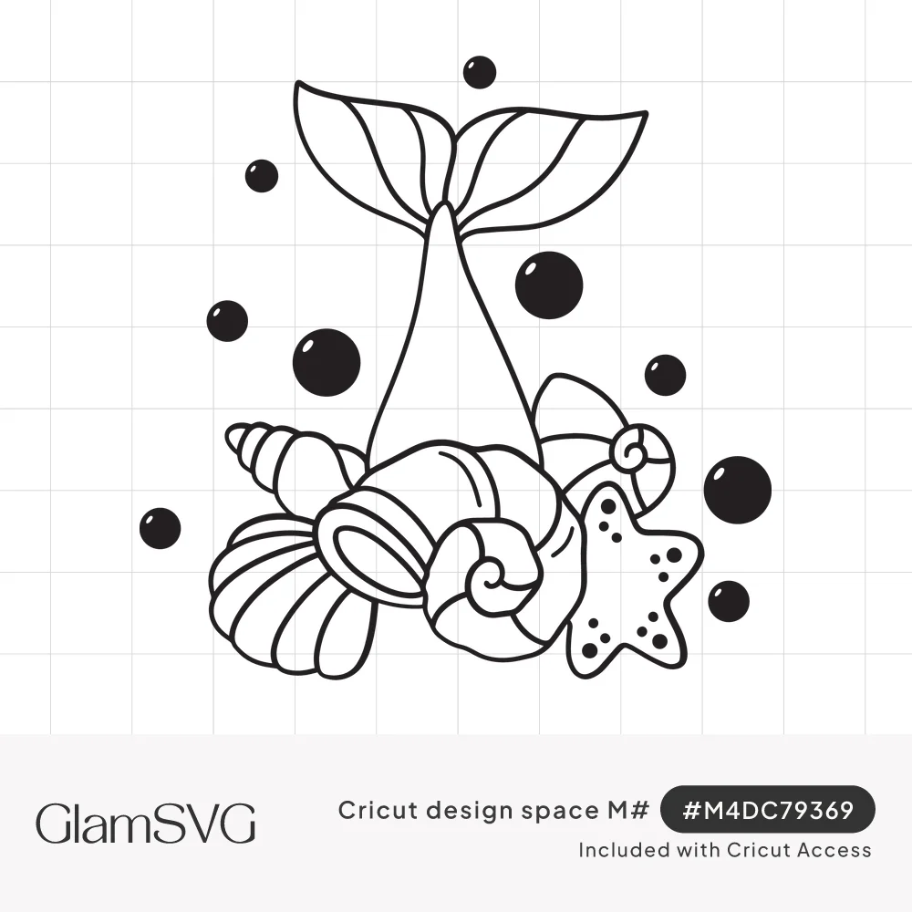 Black line art of a mermaid tail rising from seashells and a starfish, surrounded by floating bubbles