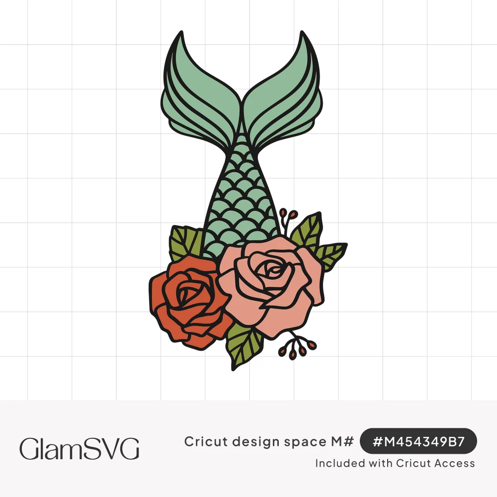 Green scaled mermaid tail with fin rising from a coral red rose and a pink rose with leaves and berry sprigs