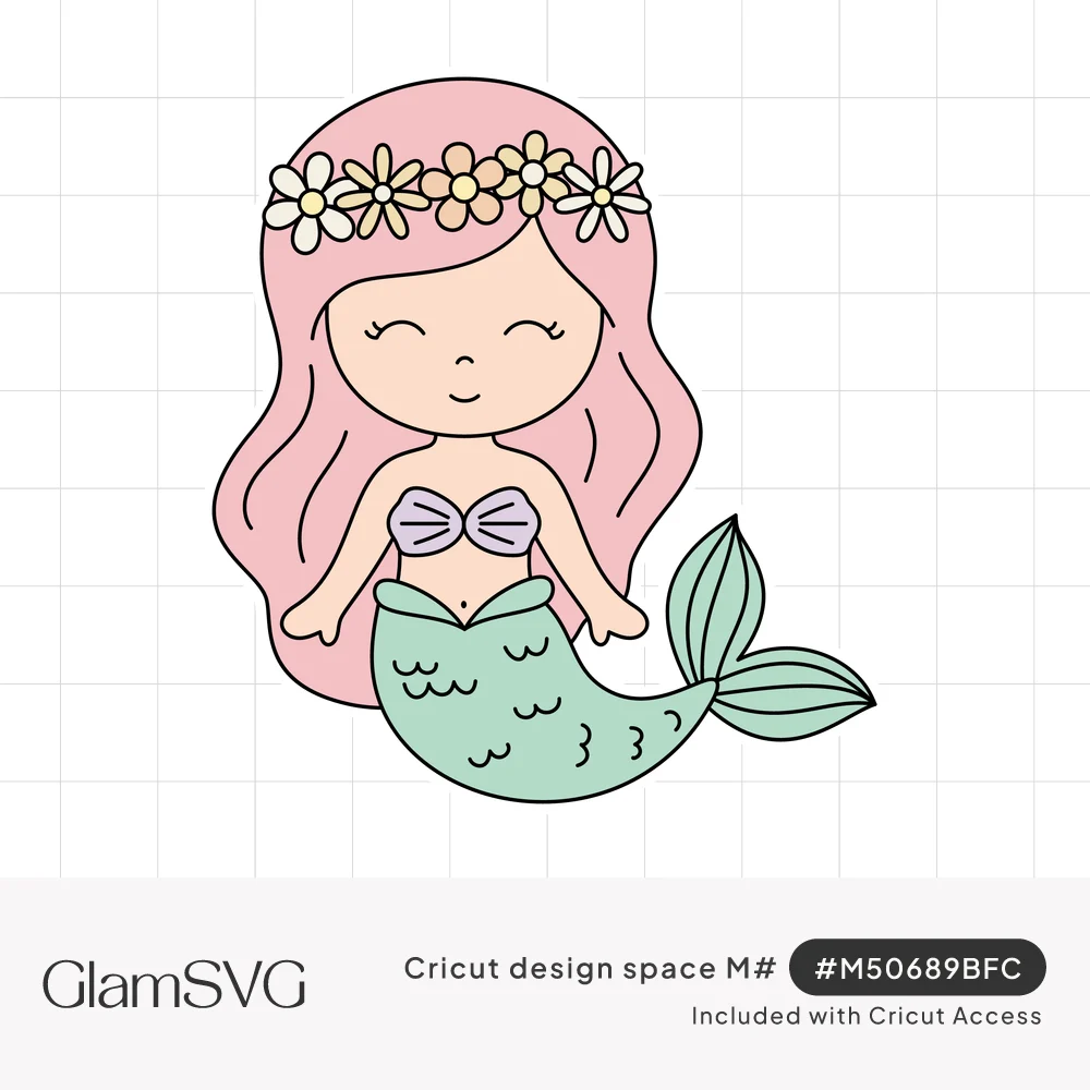 Cute cartoon mermaid with long pink hair, daisy flower crown, lavender shell top and mint green tail