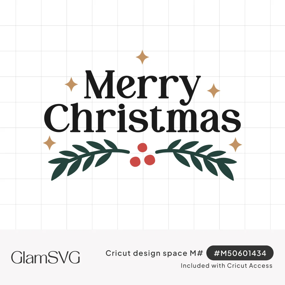 Black serif Merry Christmas text with gold sparkles, green pine branches and red holly berries beneath