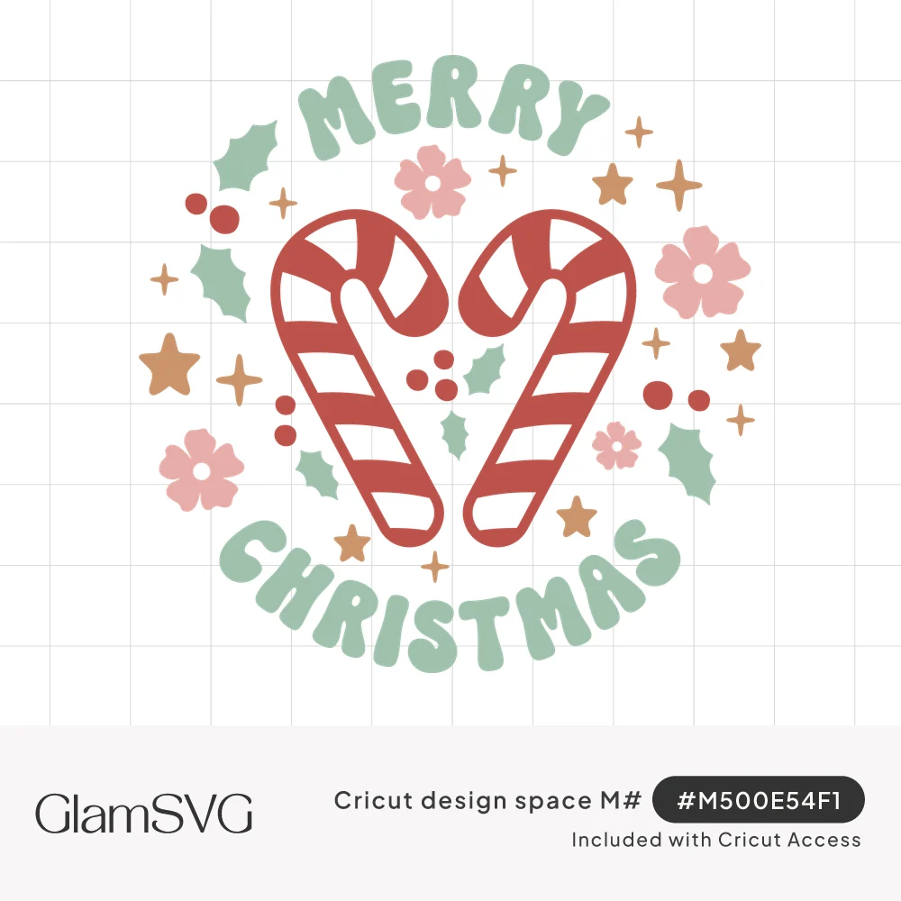 Round retro Merry Christmas design with two candy canes forming a heart, holly leaves, pink flowers, berries and stars