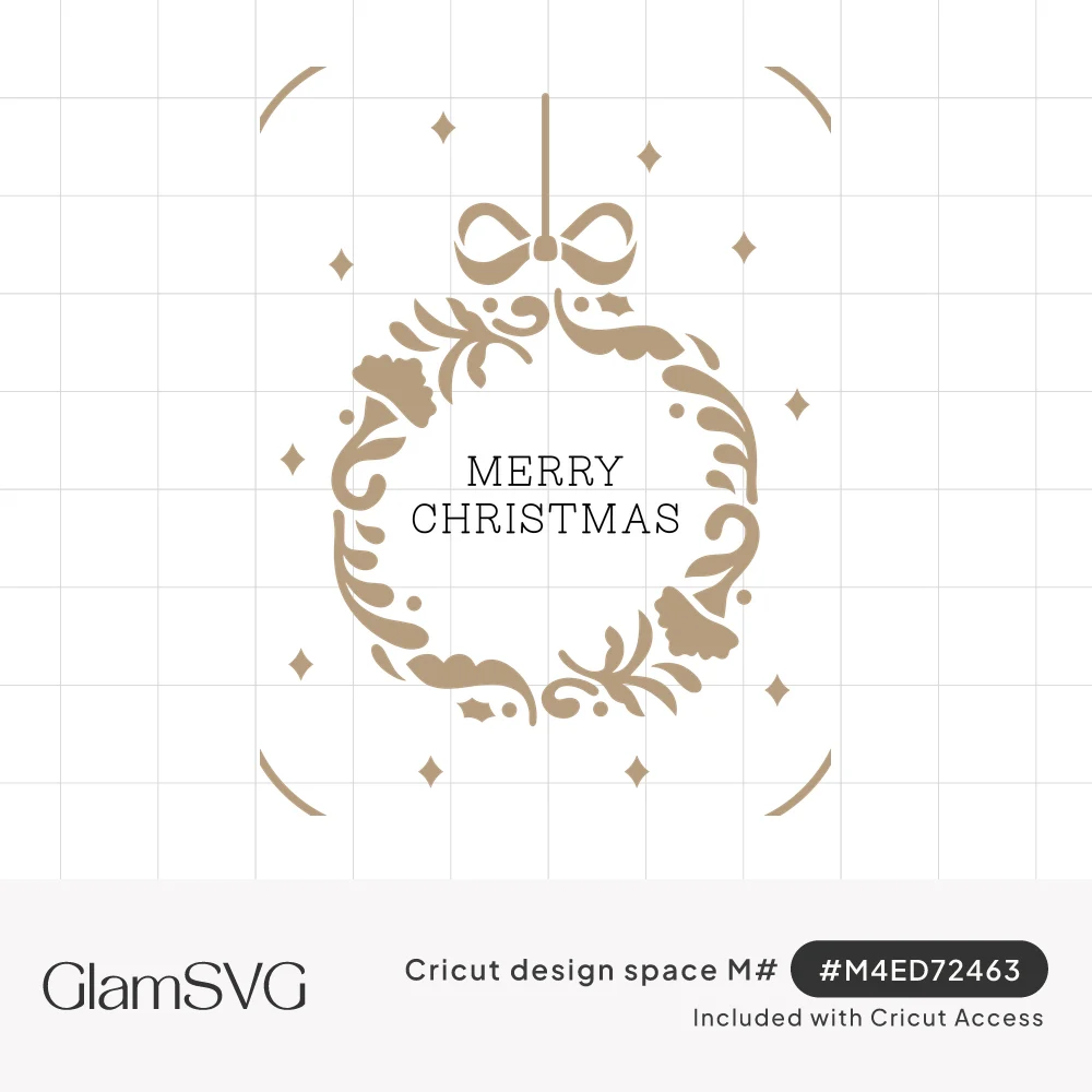 Ornament-shaped flourish wreath with a bow and sparkles framing blue Merry Christmas text