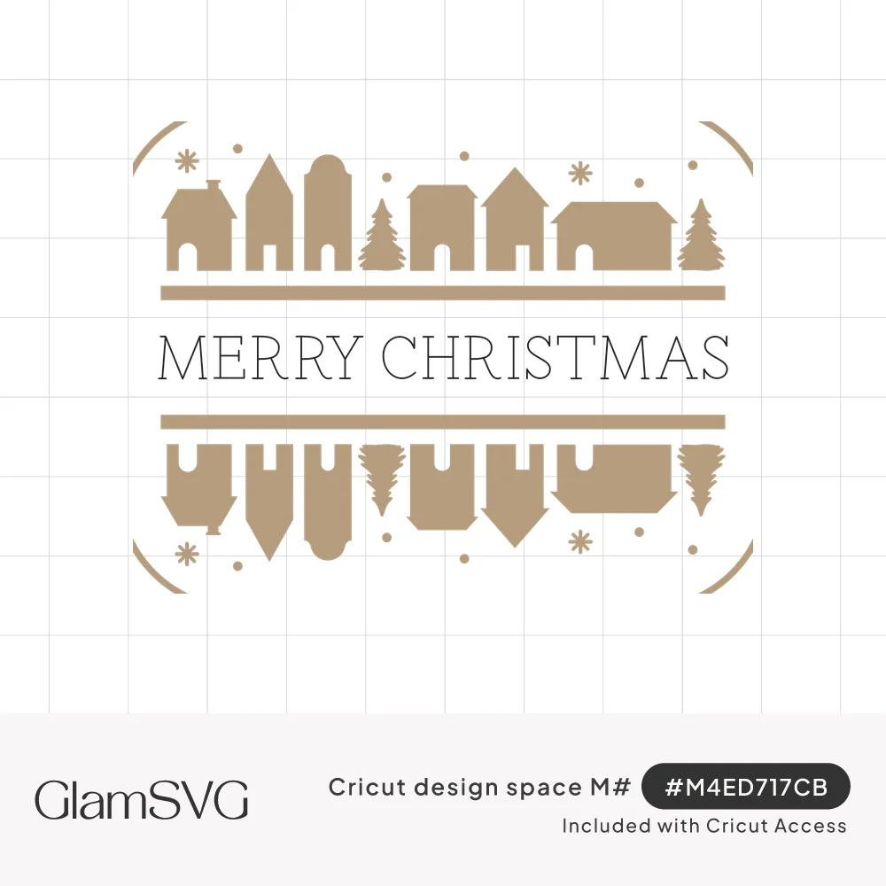 Merry Christmas lettering between mirrored rows of village house silhouettes, pine trees and small snowflakes