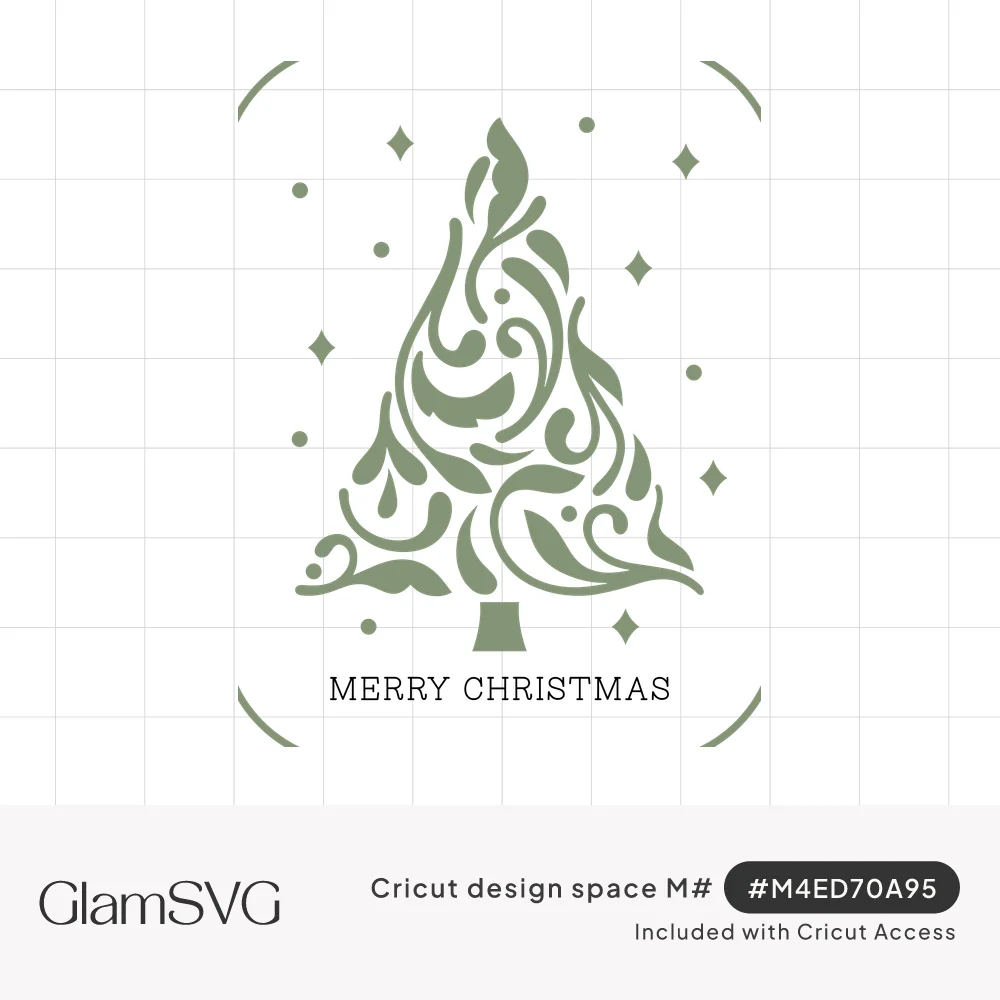 Sage green swirling filigree Christmas tree with small sparkles and dots, with Merry Christmas in blue serif lettering below