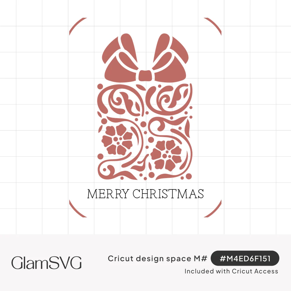 Red filigree gift box with a ribbon bow, swirls and flowers above blue Merry Christmas lettering