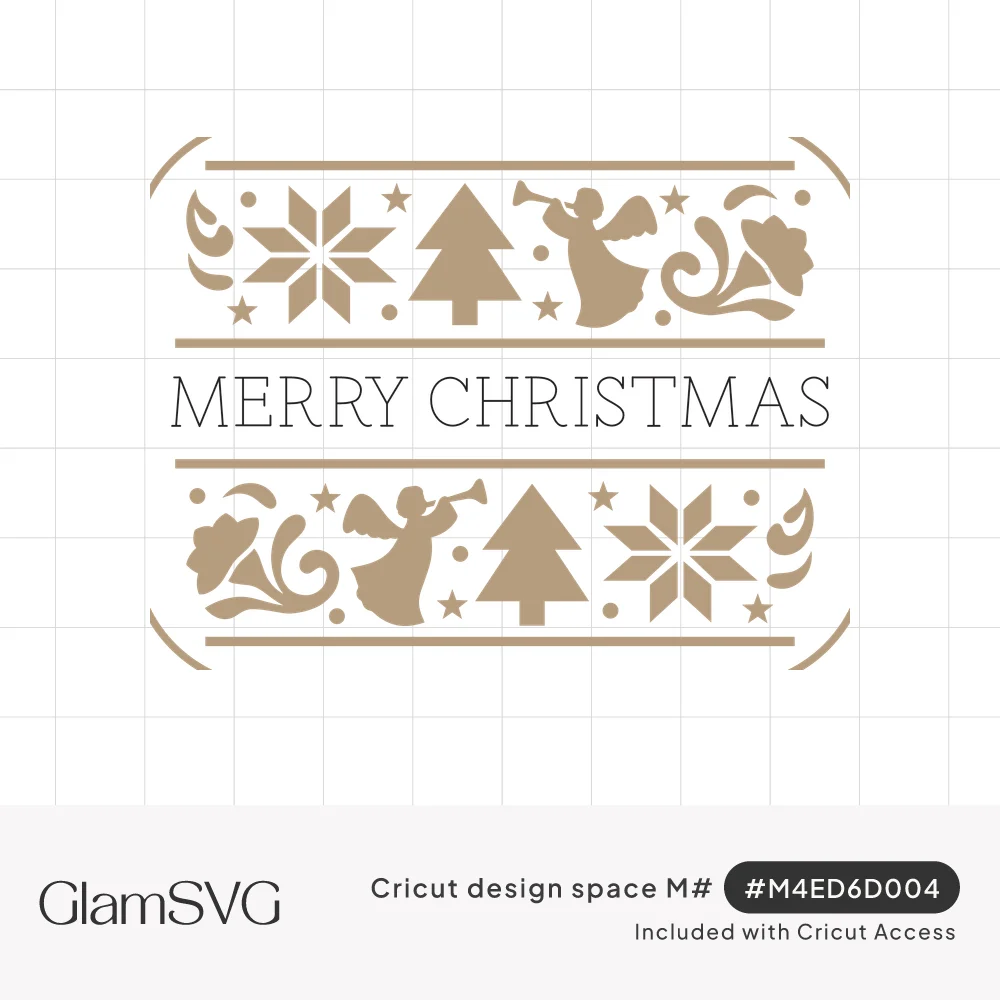 Merry Christmas text between mirrored folk bands of trumpeting angels, Nordic stars, Christmas trees and flourishes
