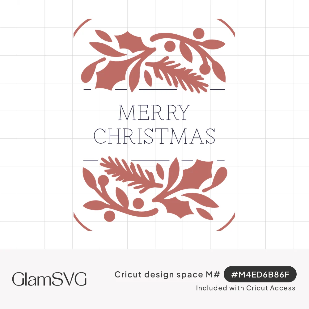 Merry Christmas in blue serif capitals framed above and below by red holly leaves, berries and pine sprigs