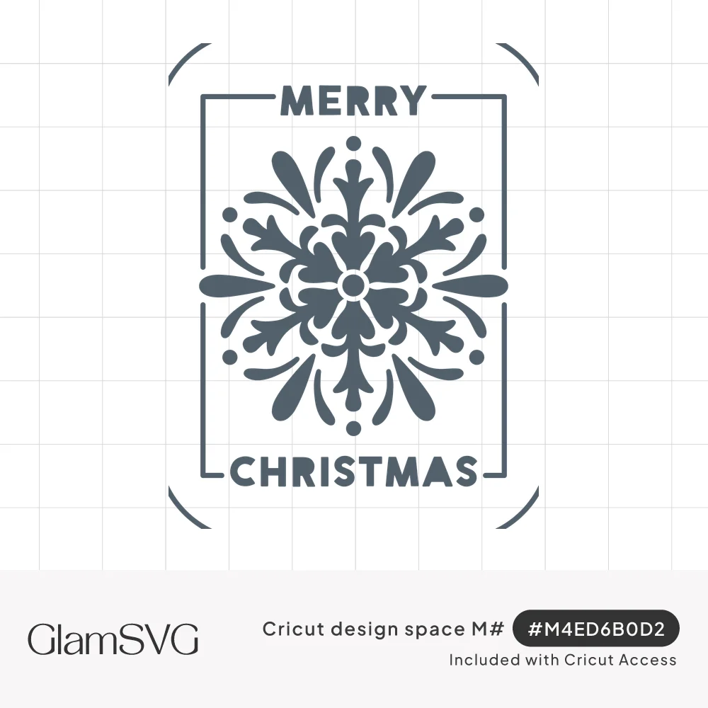 Merry Christmas block lettering with an ornate snowflake inside a rectangular frame with rounded corner brackets