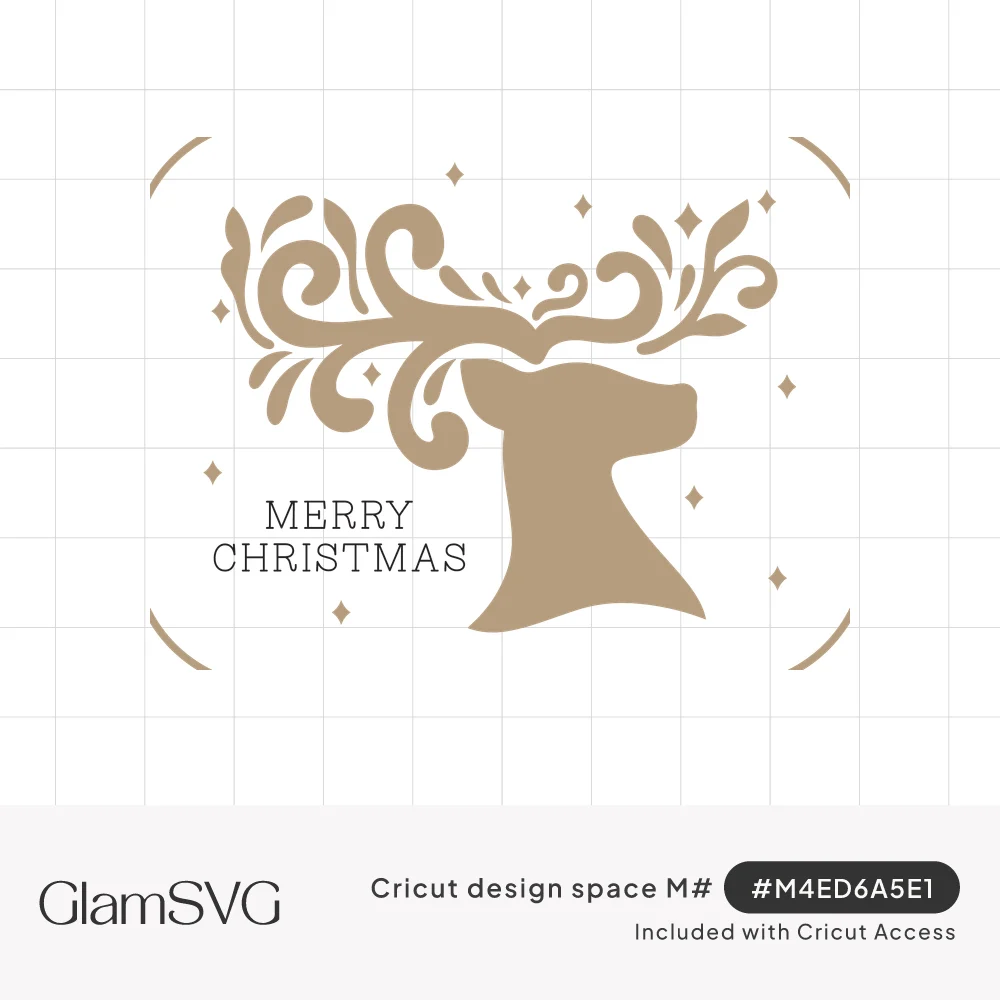 Tan reindeer head silhouette with ornate swirling antlers, small sparkles and blue Merry Christmas text