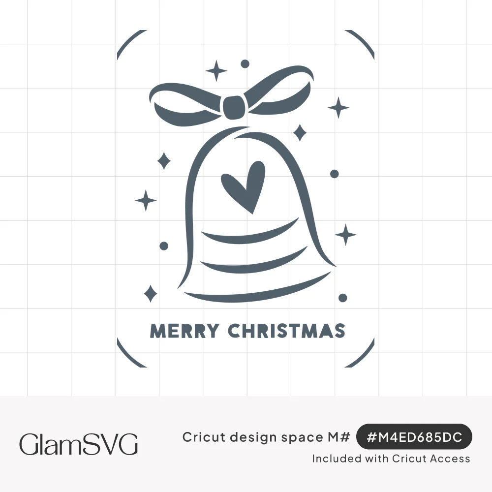 Christmas bell with a bow, a heart and sparkles above the words Merry Christmas in bold gray line art