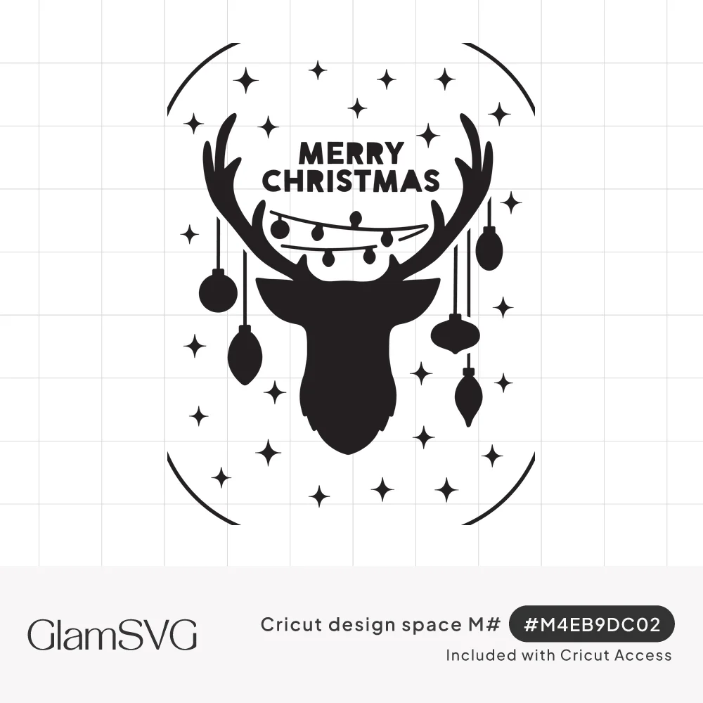 Black reindeer head silhouette with string lights in antlers, Merry Christmas text, hanging ornaments and stars