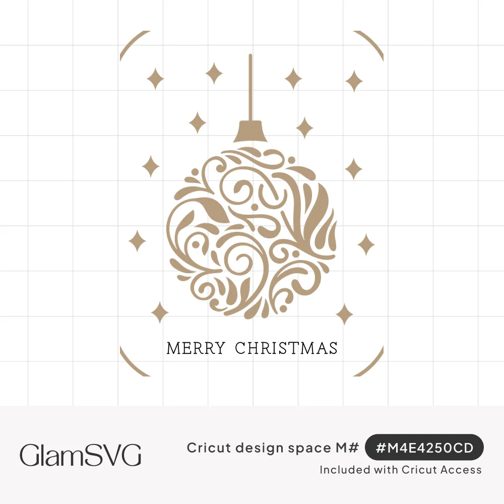 Swirled filigree Christmas ornament hanging among four-point stars above Merry Christmas text in a rounded frame